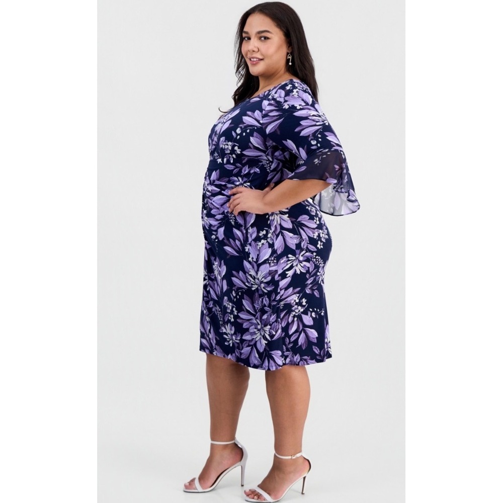 Connected Apparel Navy Violet Floral Tiered Bell Sleeve Sheath Dress 16W NEW